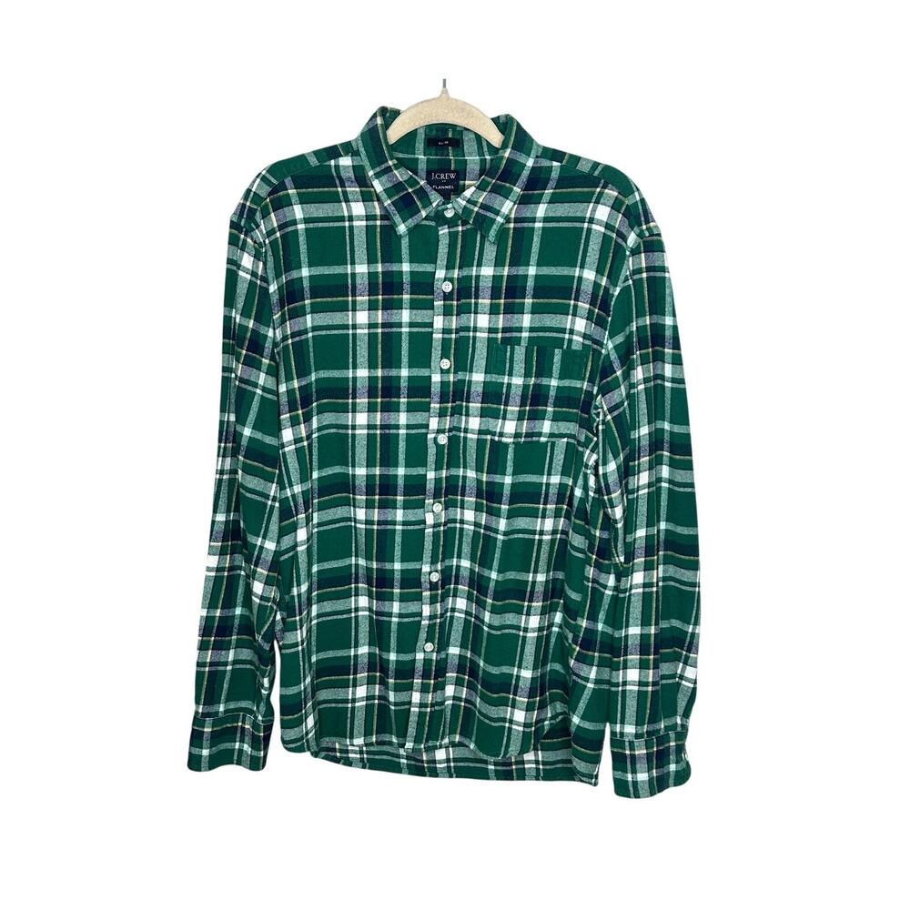 J.Crew Shirt Men L Slim Fit Plaid Flannel Green Blue Button Down Long Sleeve EUC